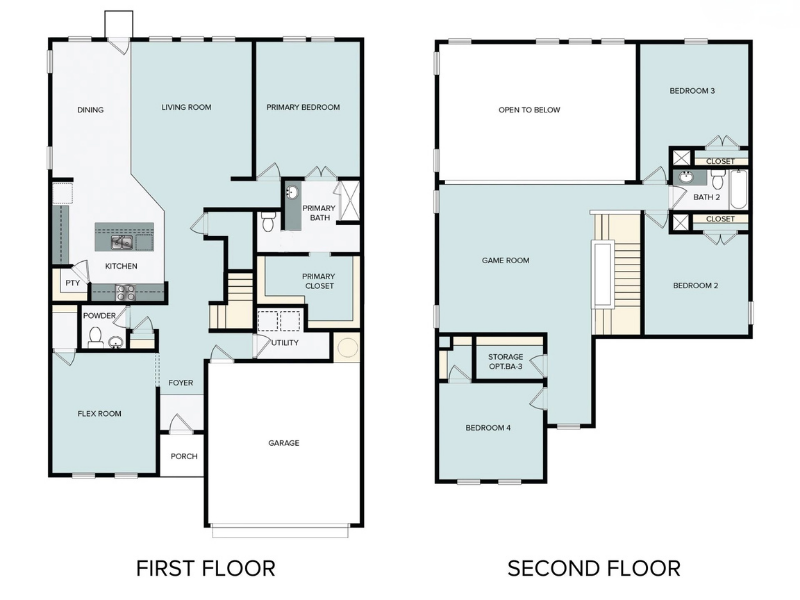 A graphic of two-story house floor plan with a flex room, game room, four bedrooms, and a garage.