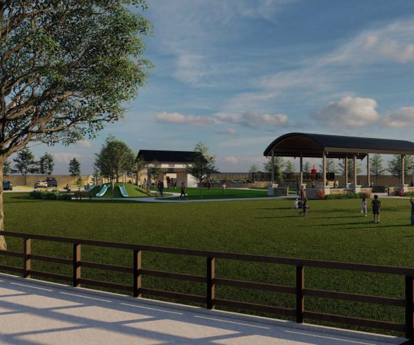 Rendering of Azalea community recreation center with paviliion, blue slides, surrounded by green grass, trees, and a brown fence, with a blue sky with clouds.