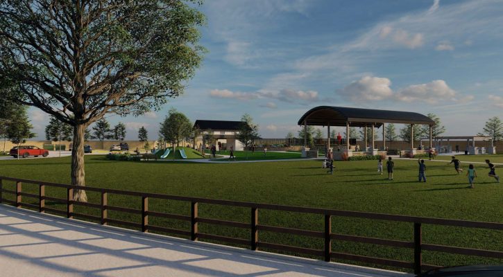 Rendering of Azalea community recreation center with paviliion, blue slides, surrounded by green grass, trees, and a brown fence, with a blue sky with clouds.