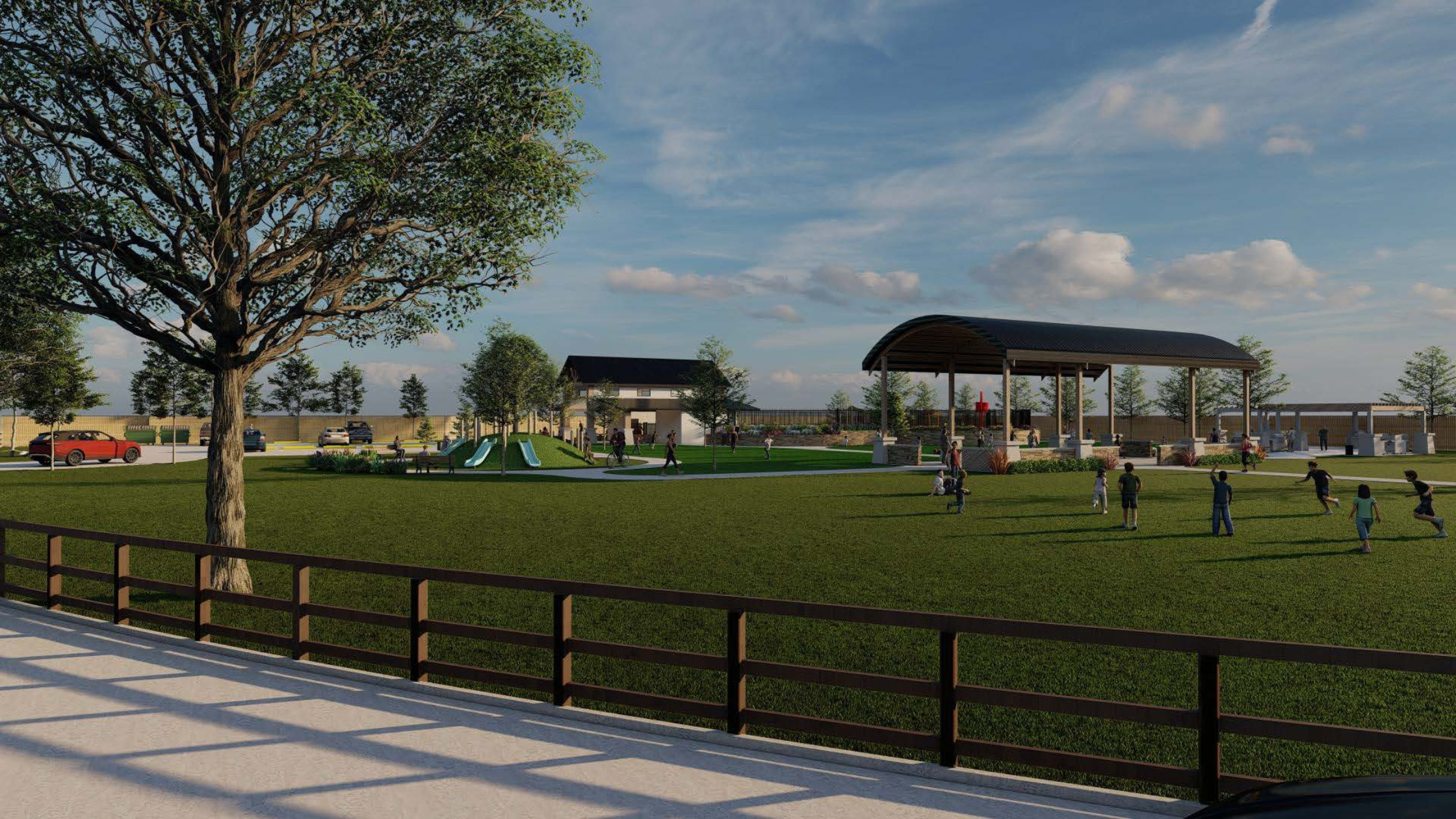 Rendering of Azalea community recreation center with paviliion, blue slides, surrounded by green grass, trees, and a brown fence, with a blue sky with clouds.