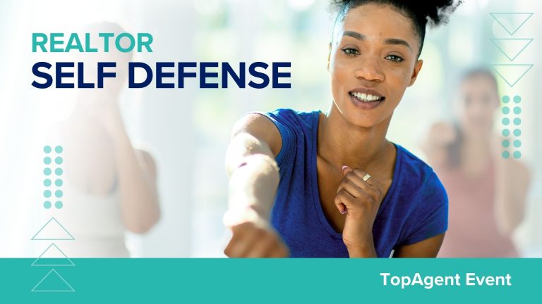 Title card with image of woman in blue shirt punching. "Realtor Self Defense" "TopAgent Event" in teal bar at the bottom