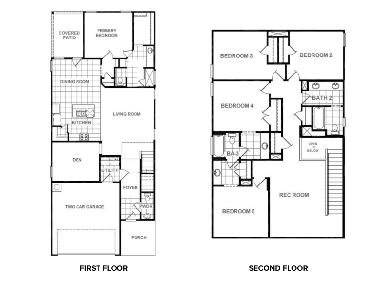 A floor plan graphic showing the first floor with the living room and primary bathroom, and the second floor with the rec room, four bedrooms, a bathroom and jack and jill bathroom.