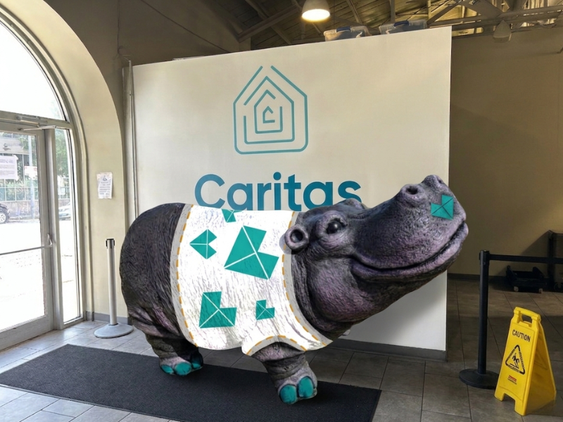 Hugston the Hippo volunteering at Caritas of Austin