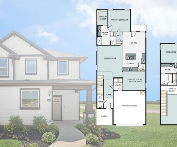 A graphic with a two-story white house with a blue sky with white clouds, green grass landscape, and overlayed with a two-story floor plan.