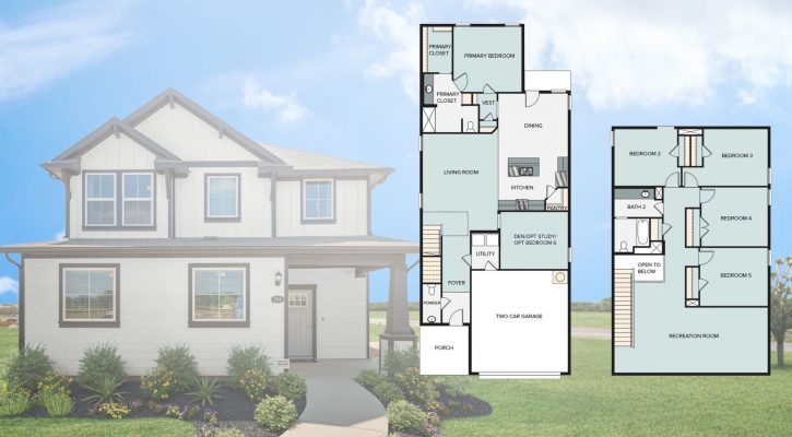 A graphic with a two-story white house with a blue sky with white clouds, green grass landscape, and overlayed with a two-story floor plan.