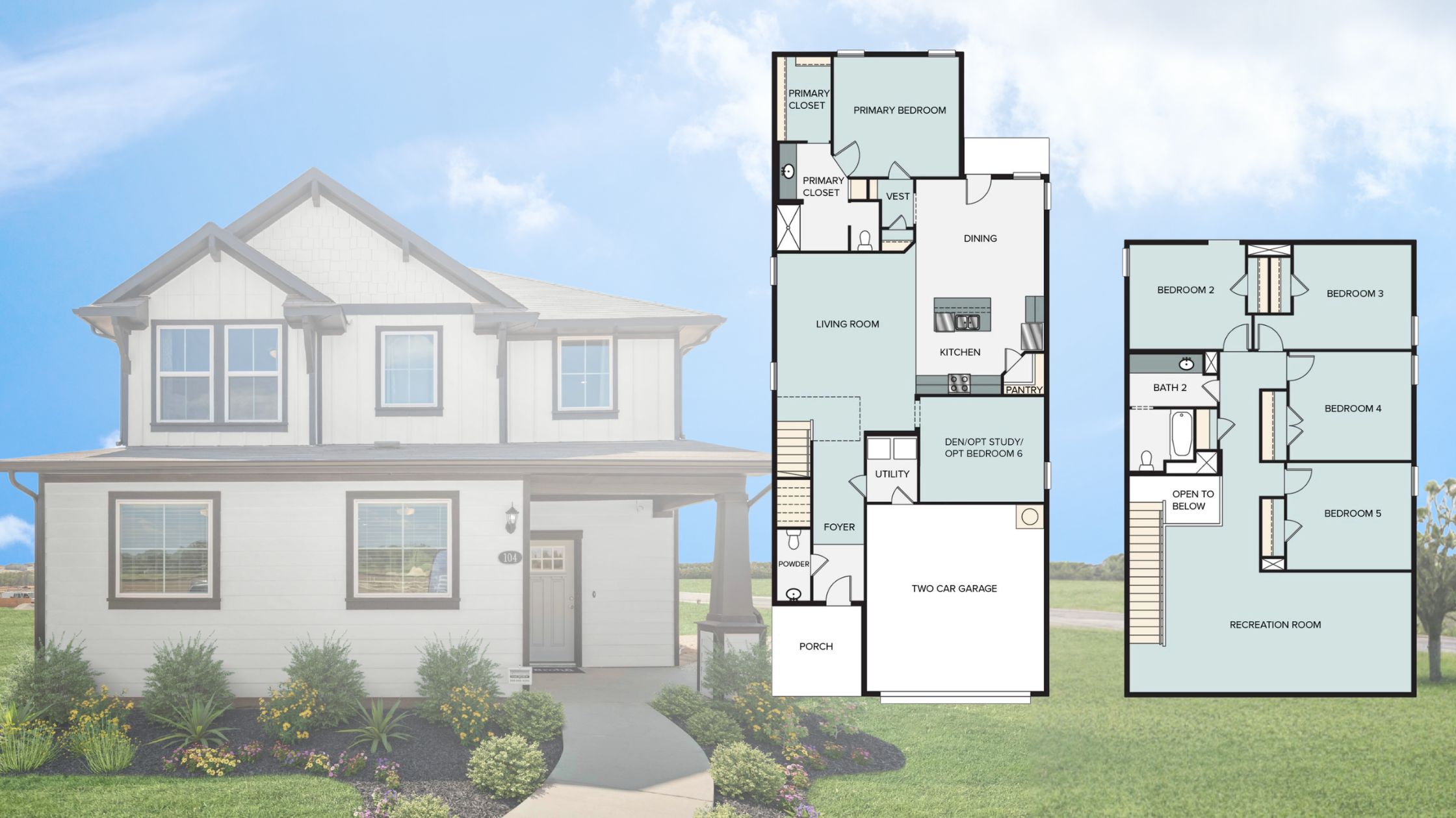 A graphic with a two-story white house with a blue sky with white clouds, green grass landscape, and overlayed with a two-story floor plan.