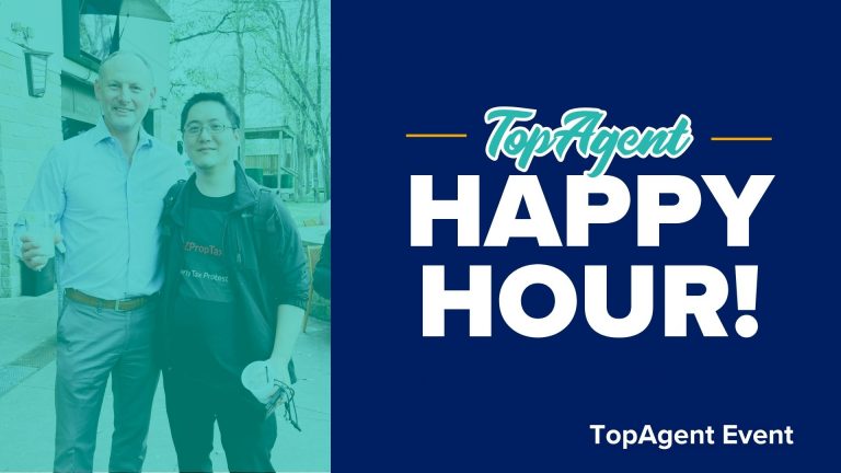 Title card with teal toned photo of two men smiling on the left, dark blue on the right with text TopAgent Happy Hour! TopAgent Event