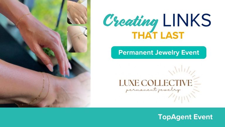 Title card with multiple images of hands and a foot wearing dainty jewelry. "Creating Links That Last. Permanent Jewelry. Logo for Luxe Collective Permanent Jewelry. TopAgent Event"