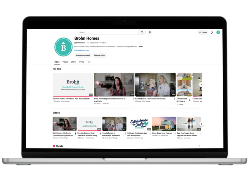 An image of a laptop mockup with Brohn Homes YouTube page.