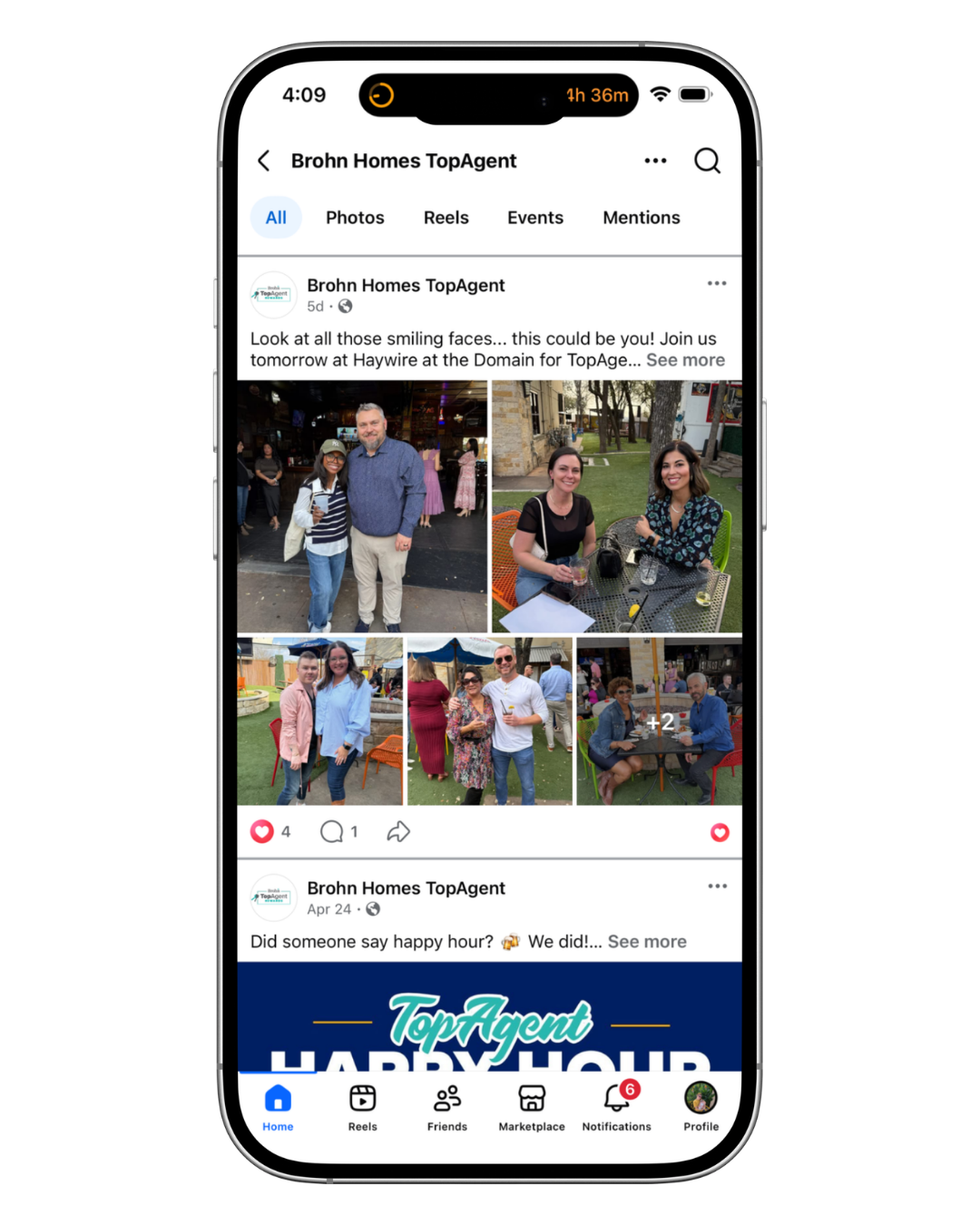 An image of a iphone mock up with Brohn Homes TopAgent Facebook page.