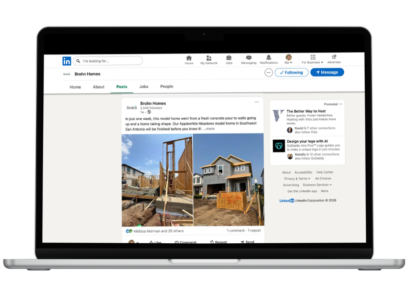 An image of a laptop mockup with Brohn Homes Linkedin page.