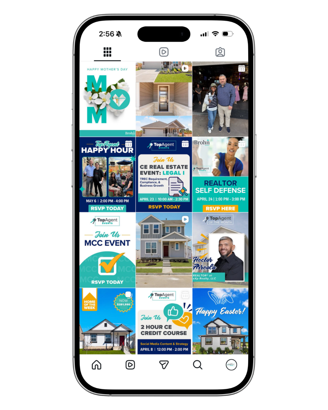 An image of a iphone mock up with Brohn Homes TopAgent Instagram page.