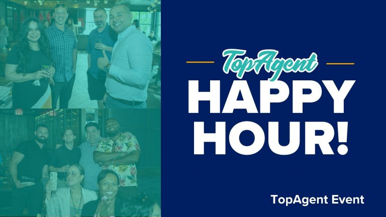 Title card with teal toned photos of people smiling on the left, dark blue on the right with text TopAgent Happy Hour! TopAgent Event