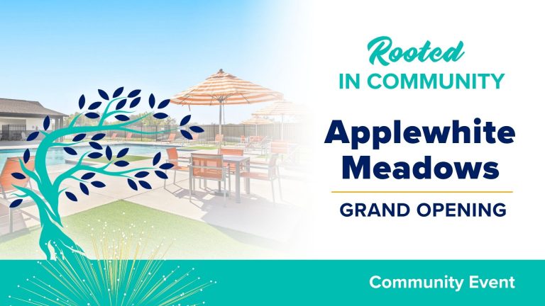 Event title card with image of community amenity center and graphic of teal and blue tree and yellow sparkle in front. Text "Rooted in Community. Applewhite Meadows Grand Opening". Teal section at the bottom with white text "Community Event"