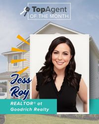 A graphic of a woman with a black dress with a white frame with a background of yellow house and the words "TopAgent of the Month".