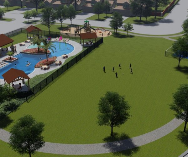 Rendering of aerial view of community amenity center including pool, pavilion, green space, and walking trails