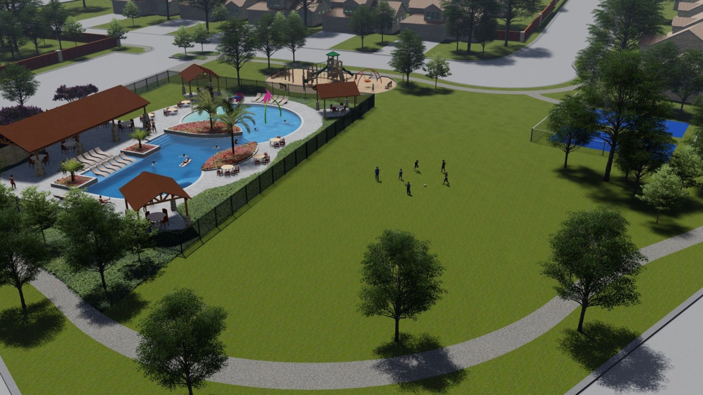 Rendering of aerial view of community amenity center including pool, pavilion, green space, and walking trails