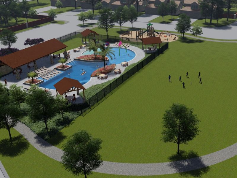Rendering of aerial view of community amenity center including pool, pavilion, green space, and walking trails
