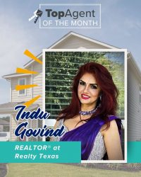 A graphic of a woman with a silver dress with a purple sash with a white frame with a background of yellow house and the words "TopAgent of the Month".