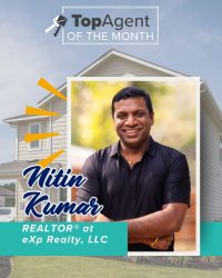 A graphic of a man with a black shirt with a white frame with a background of yellow house and the words "TopAgent of the Month".