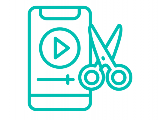 A teal icon of cell phone with a play button and scissors.