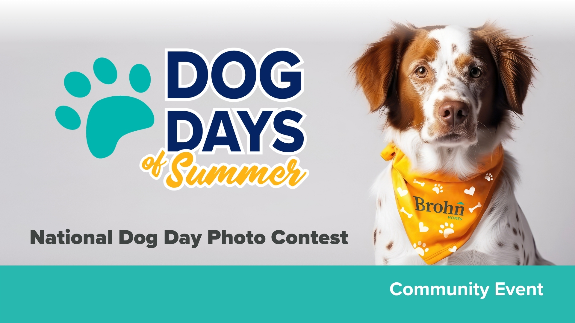 Title card with grey background and teal rectangle on the bottom with "Community Event". Image of Brittany Spaniel with a yellow Brohn bandana. Logo for Dog Days of Summer with teal paw print. "National Dog Day Photo Contest".