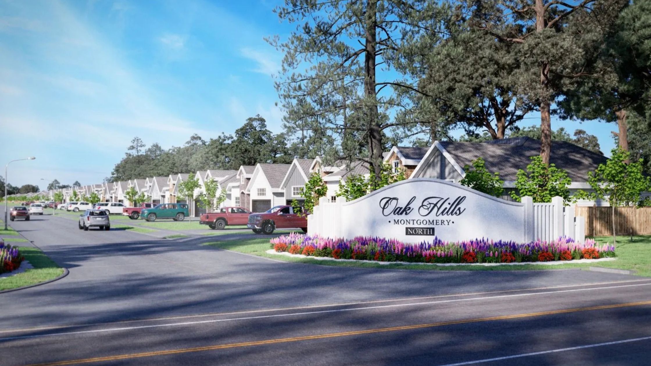 Image of a neighborhood with single-sotry houses, paved roads, cars and trucks, green grass, trees, and a monument stone sign with the words "Oak Hills, Montgomery, an North in dark brown letters with a blue sky in the background.
