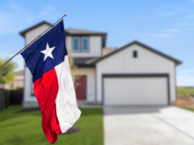 an image of a red, blue, and white Texas flag with a blurred image of two-story white house with black framin.