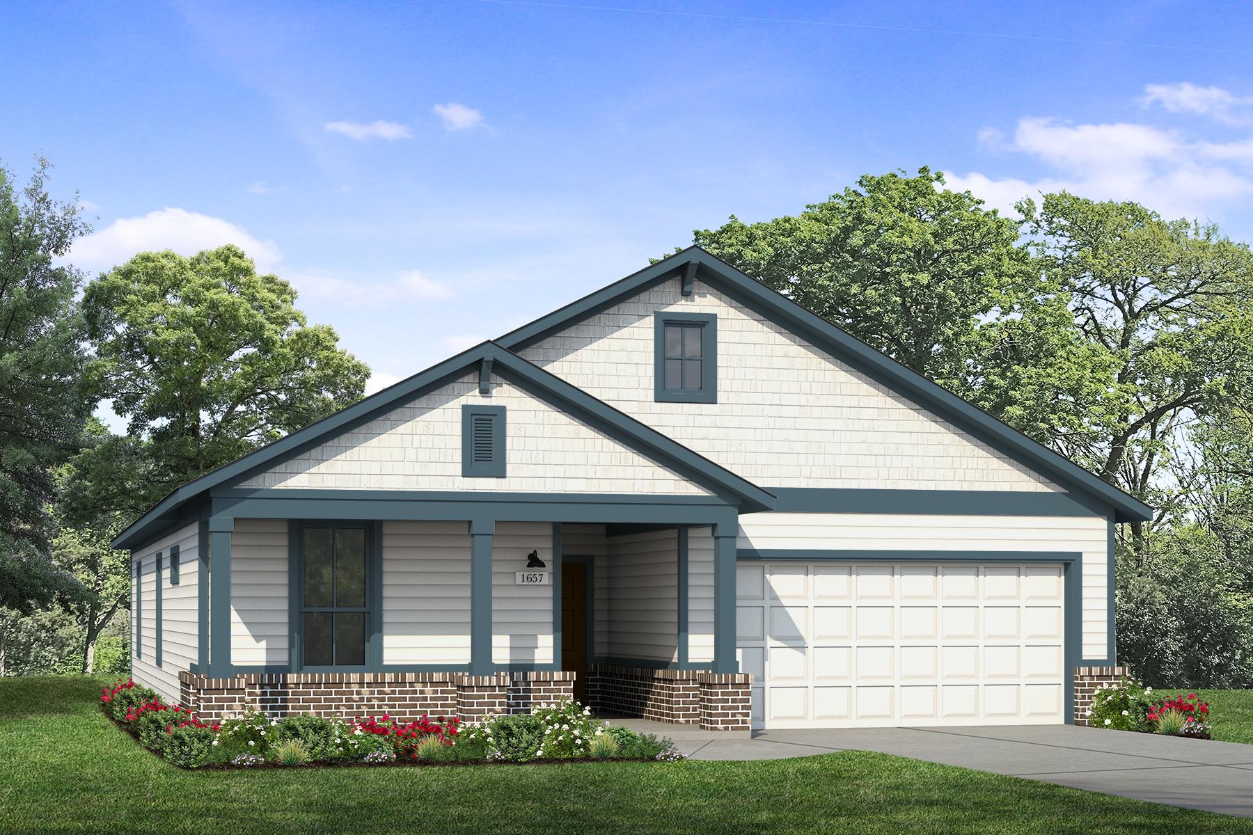 Rendering of one-story home with white siding and garage, dark teal trim and accents, and dark brick along the bottom