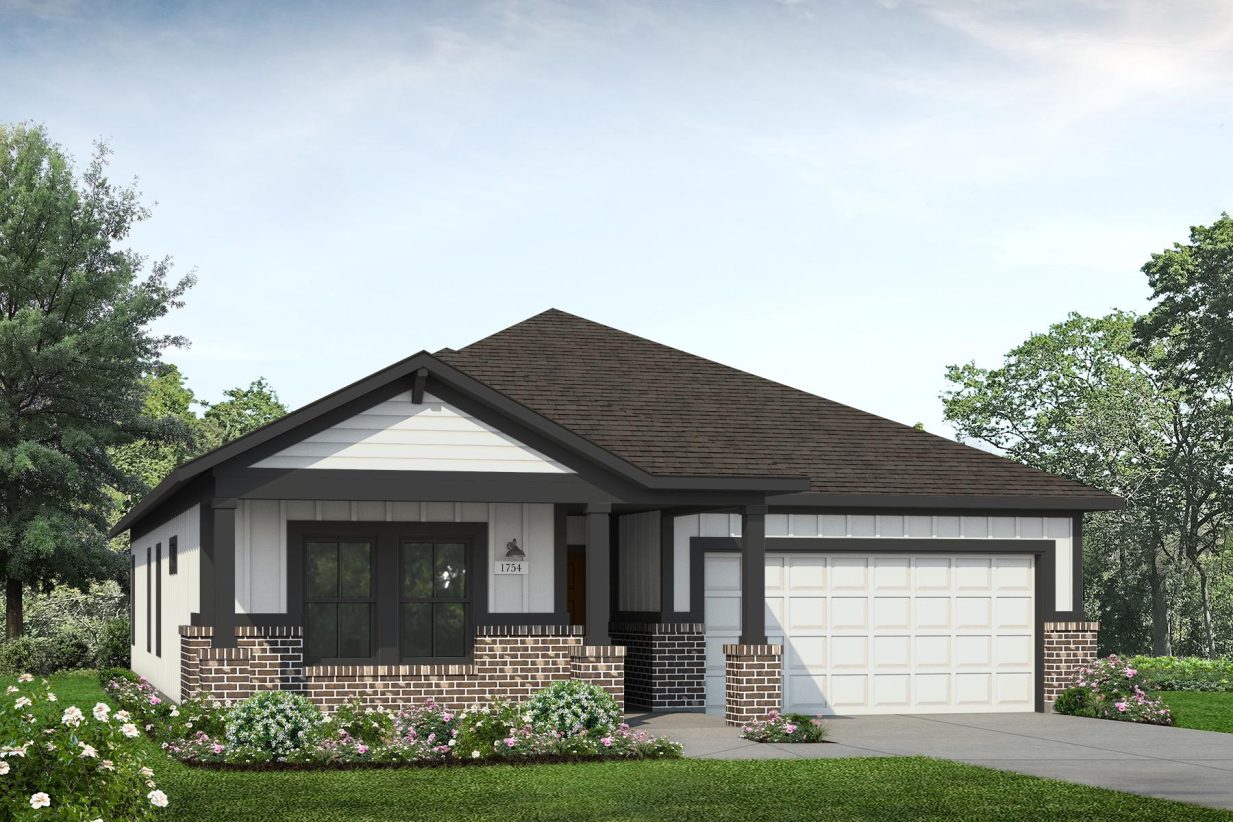 Rendering of one-story home with white siding and garage, black trim, and dark brick along the bottom