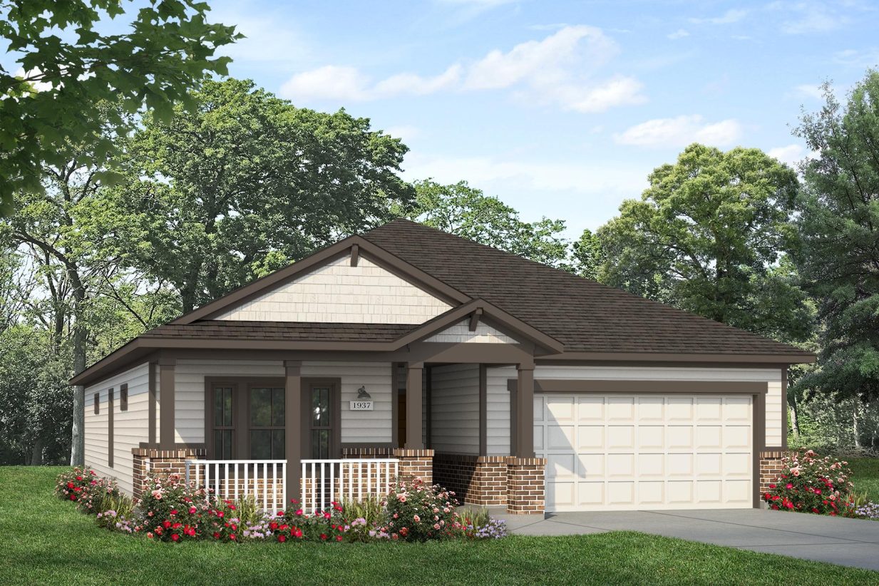 Rendering of one-story home with cream colored siding and garage with brown trim and accents, and brick along the bottom and white porch railing