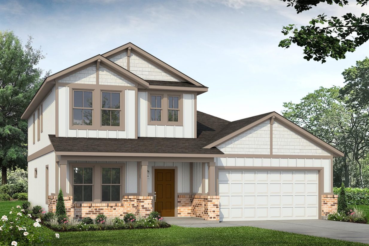 Rendering of two-story home with white siding and garage door, tan trim, and orange-tone brick across the bottom