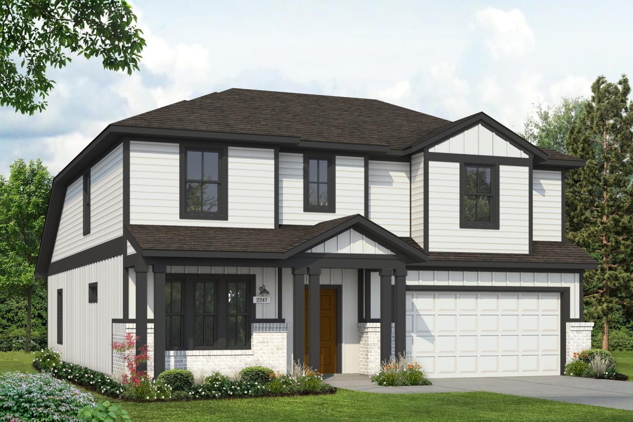 Rendering of two-story home with white siding, garage door, and brick accent, with black trim and columns