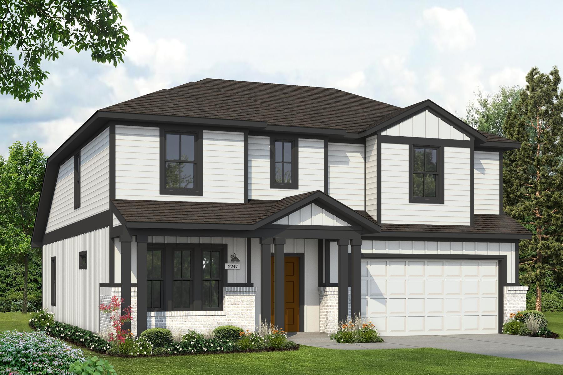 Rendering of two-story home with white siding, garage door, and brick accent, with black trim and columns