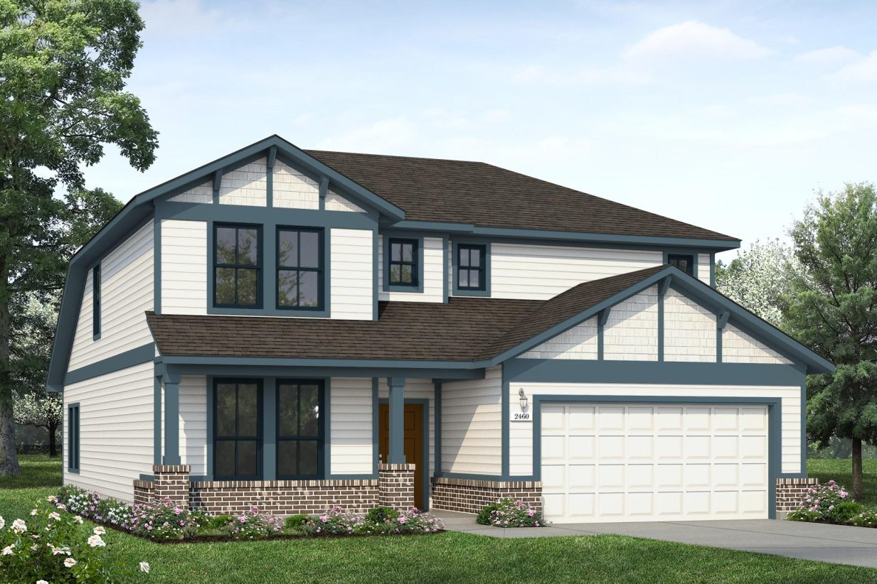 Rendering of two-story home with white siding and garage door, with dark brick accent, and dark teal trim and columns
