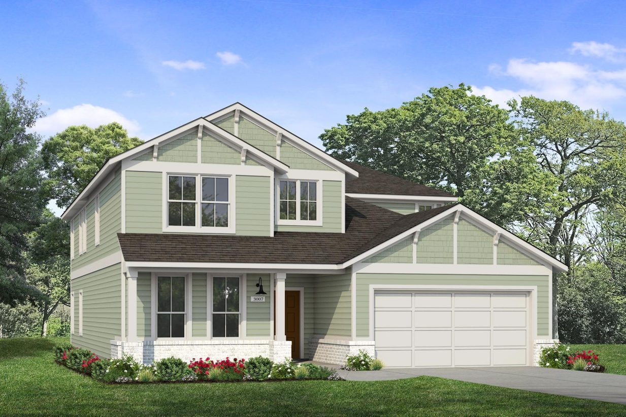 Rendering of two-story home with sage green siding and white trim, garage door, and accent brick