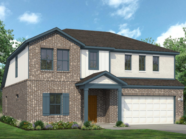 An exterior rendering of a brick two-story home with blue framing, a white garage door, green grass, with blue sky with clouds.