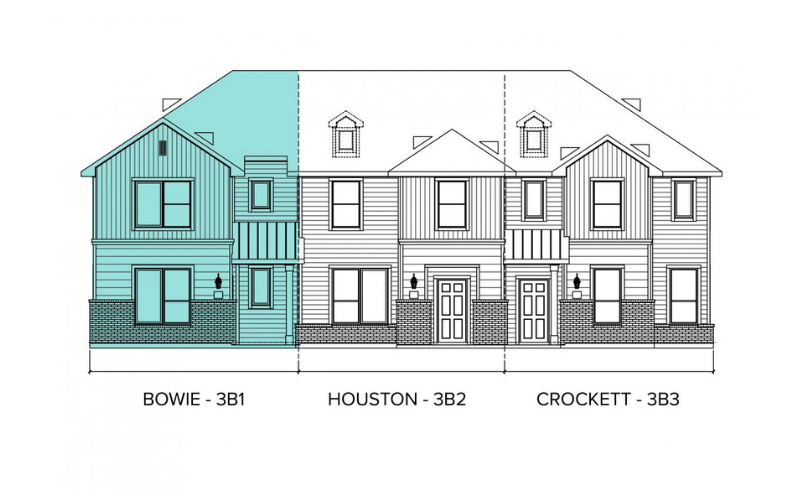 An architectural black outline of three townhome buildings connected to each other with the left building highlighted in light teal with a white background.