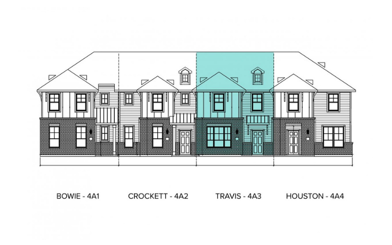 An architectural black outline of four townhome buildings connected to each other with the second to the right building highlighted in light teal with a white background.