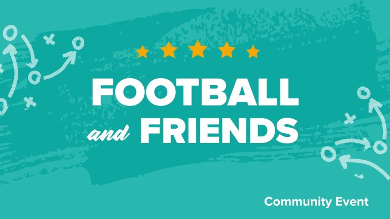 Title card with teal background. Icons of football plays on either side and 5 yellow starts over text "Football and Friends. Community Event"